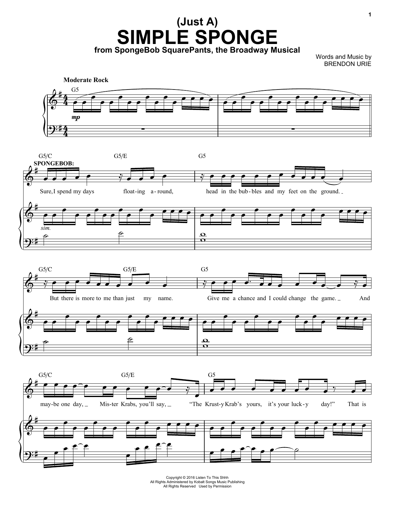 Panic! At The Disco (Just A) Simple Sponge (from Spongebob Squarepants, The Broadway Musical) sheet music notes and chords arranged for Piano & Vocal