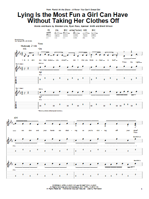 Panic! At The Disco Lying Is The Most Fun A Girl Can Have Without Taking Her Clothes Off sheet music notes and chords arranged for Guitar Tab