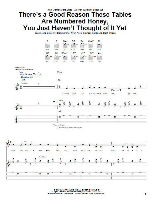 Panic! At The Disco There's A Good Reason These Tables Are Numbered Honey, You Just Haven't Thought Of It Yet sheet music notes and chords arranged for Guitar Tab