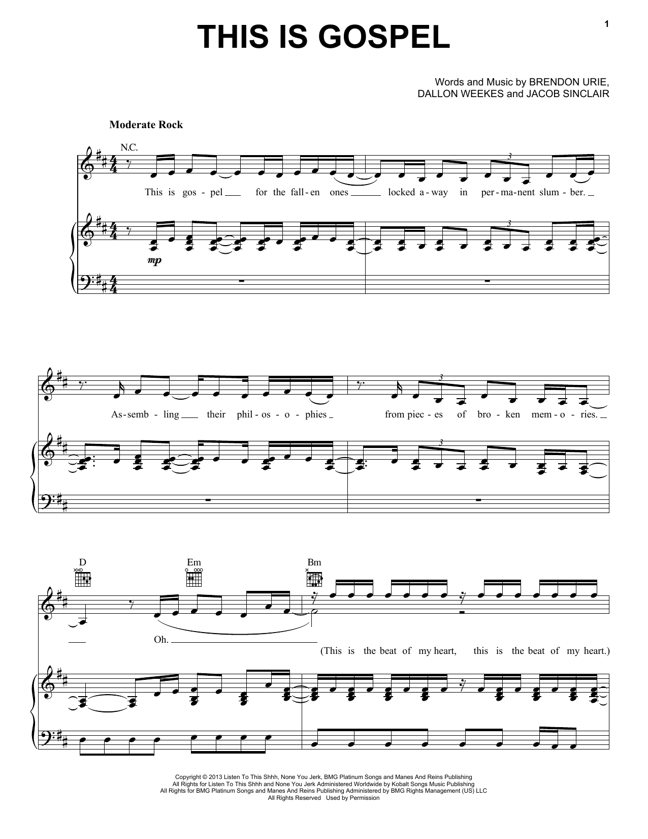 Panic! At The Disco This Is Gospel sheet music notes and chords arranged for Piano, Vocal & Guitar Chords (Right-Hand Melody)