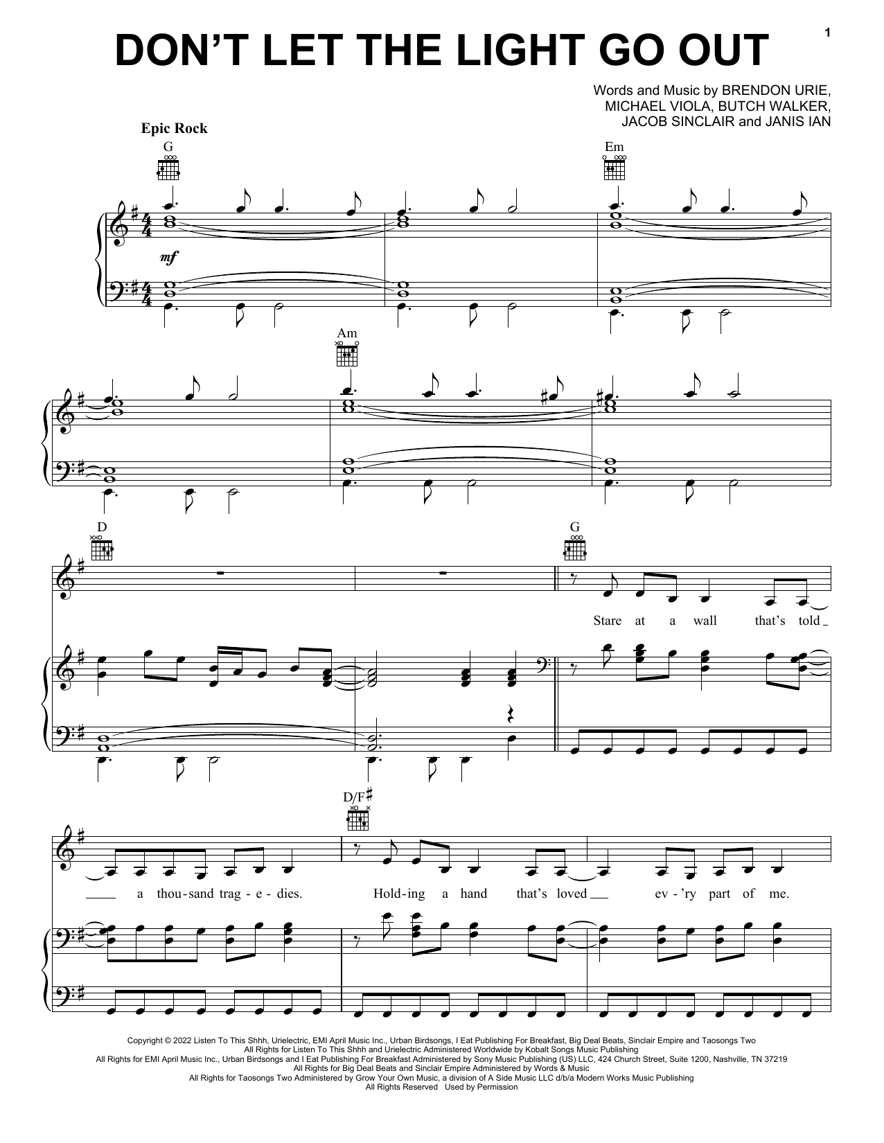Panic! At The Disco Don't Let The Light Go Out sheet music notes and chords arranged for Piano, Vocal & Guitar Chords (Right-Hand Melody)
