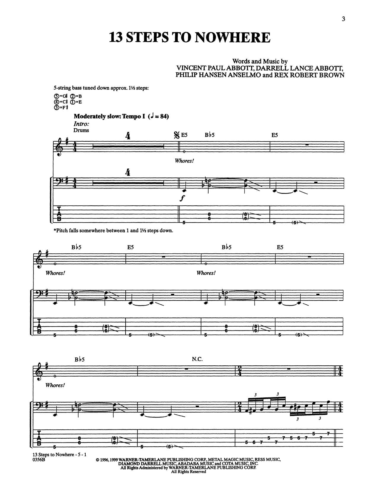 Pantera 13 Steps To Nowhere sheet music notes and chords arranged for Bass Guitar Tab
