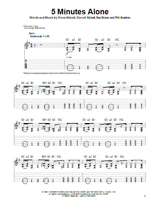 Pantera 5 Minutes Alone sheet music notes and chords arranged for Guitar Tab (Single Guitar)