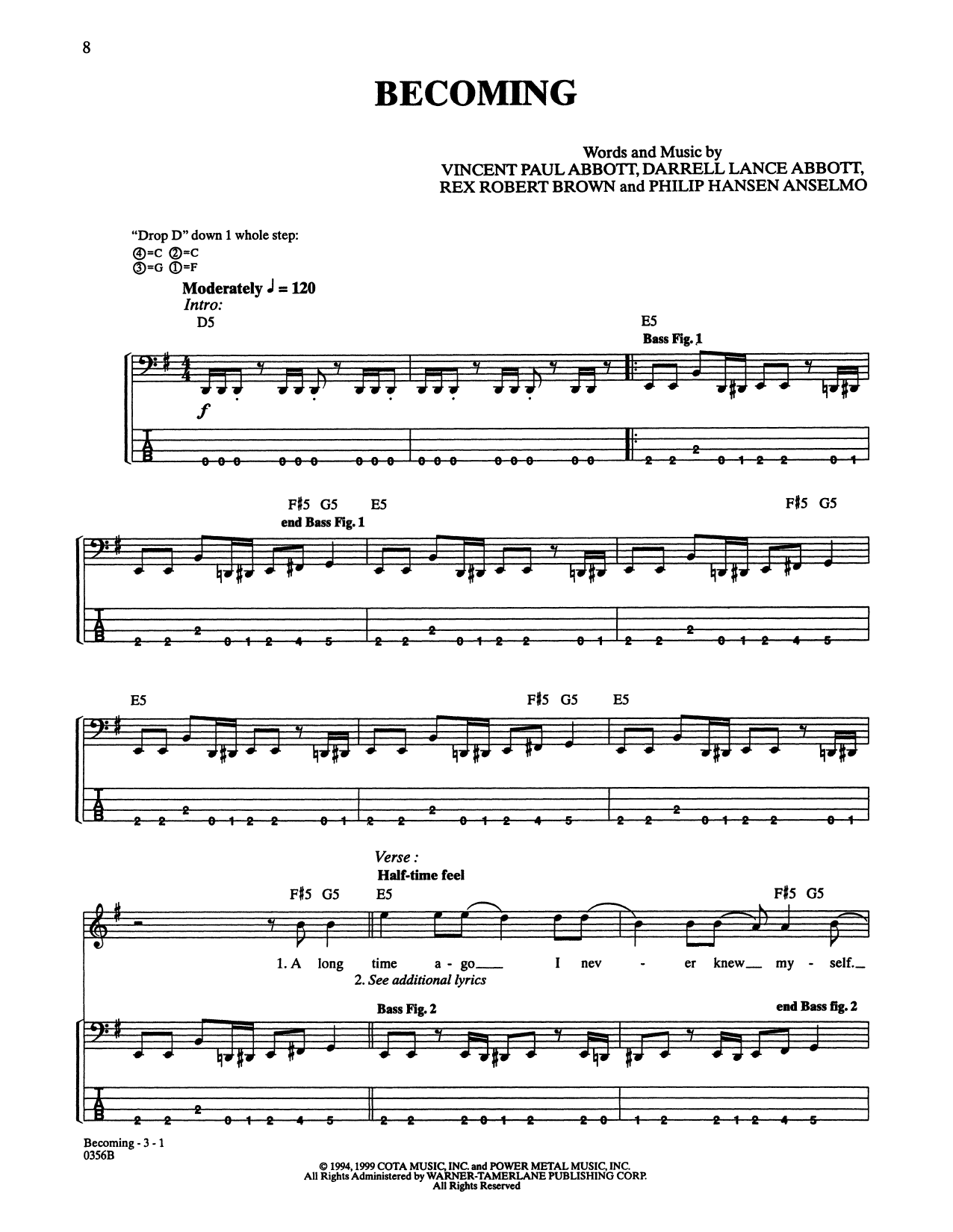 Pantera Becoming sheet music notes and chords arranged for Bass Guitar Tab