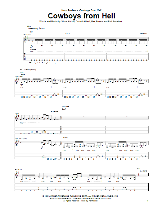 Pantera Cowboys From Hell sheet music notes and chords arranged for Bass Guitar Tab