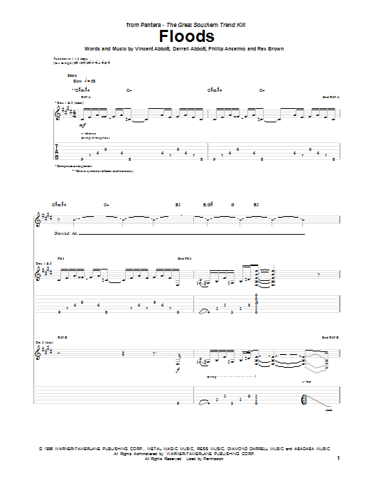 Pantera Floods sheet music notes and chords arranged for Guitar Tab