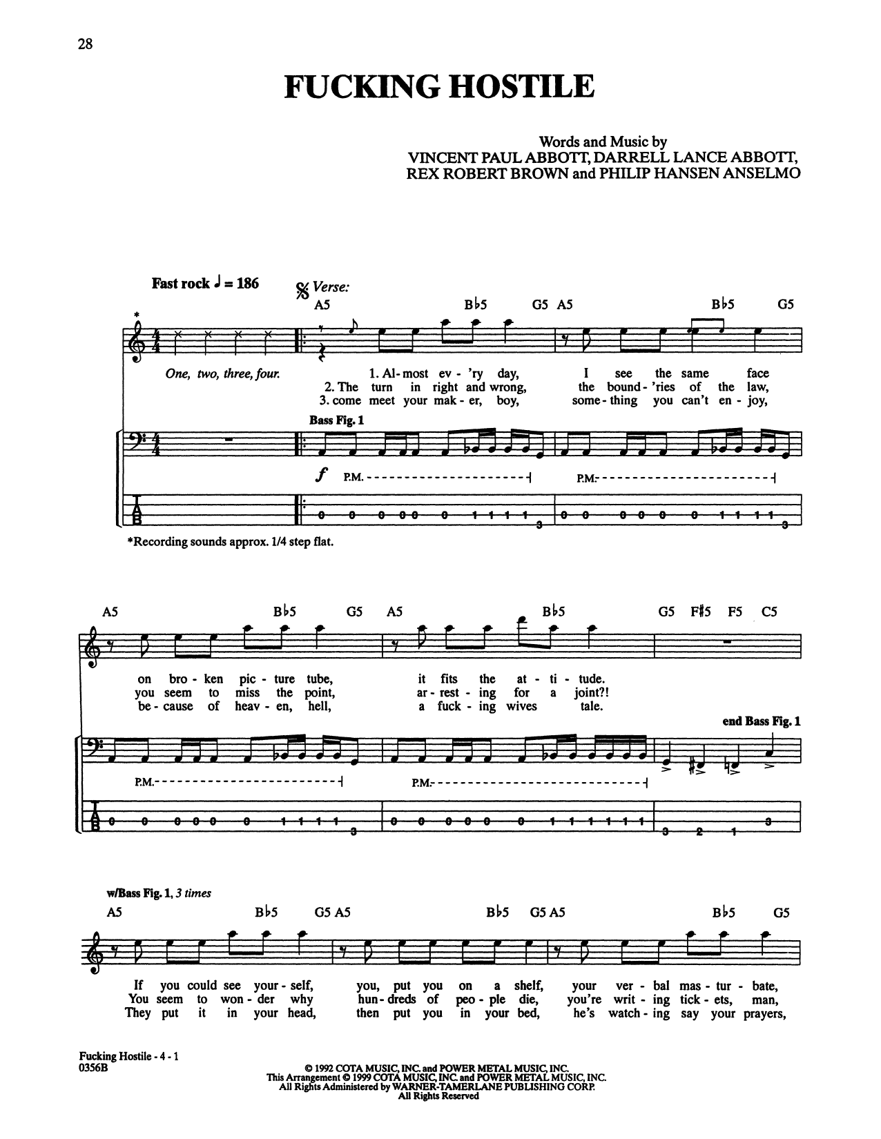 Pantera Fucking Hostile sheet music notes and chords arranged for Bass Guitar Tab