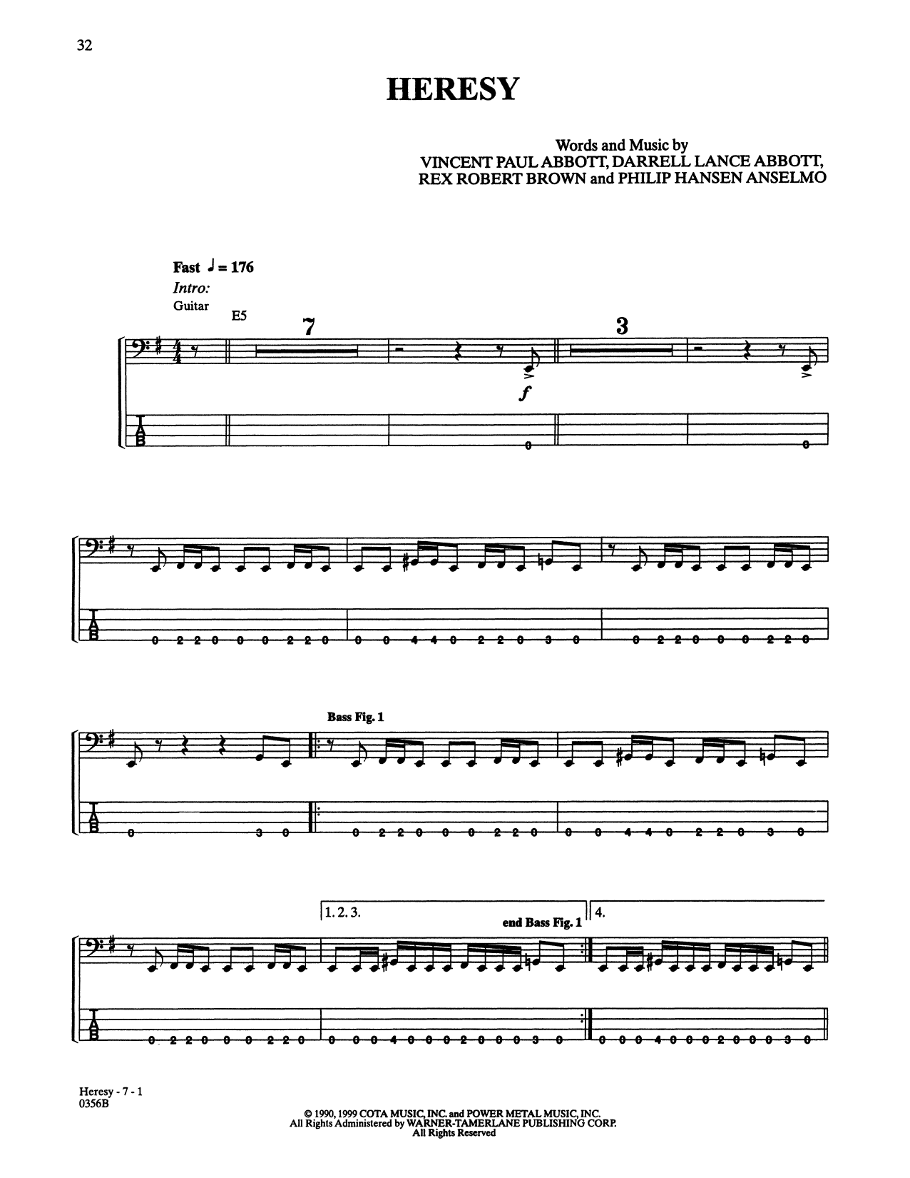 Pantera Heresy sheet music notes and chords arranged for Bass Guitar Tab