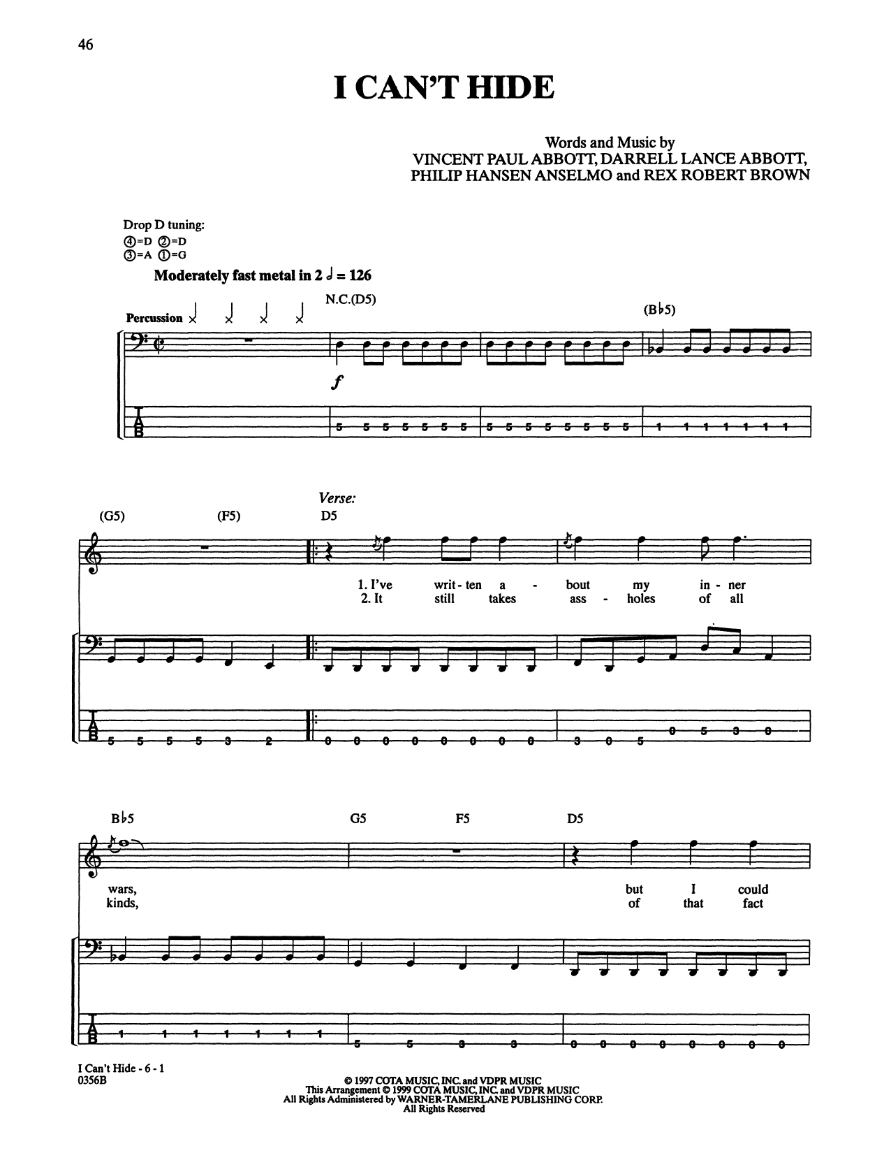 Pantera I Can't Hide sheet music notes and chords arranged for Bass Guitar Tab