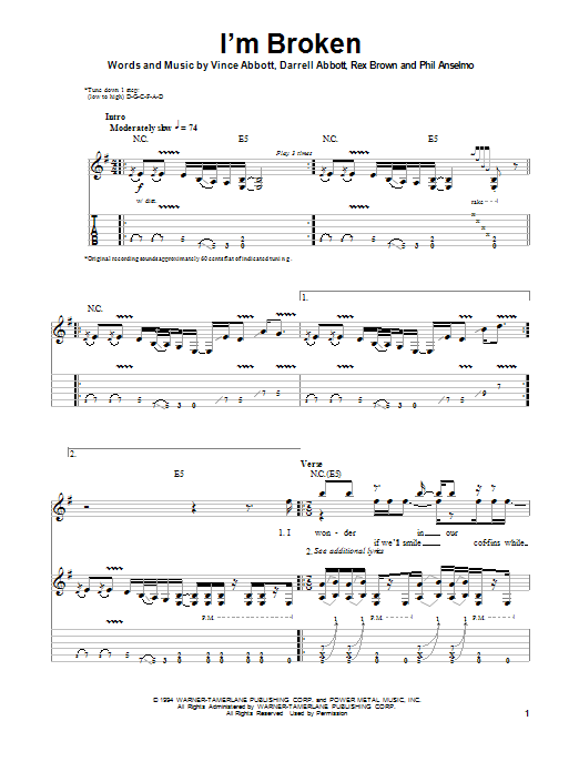 Pantera I'm Broken sheet music notes and chords arranged for Bass Guitar Tab