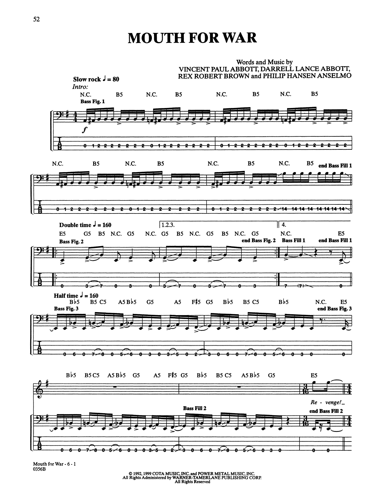 Pantera Mouth For War sheet music notes and chords arranged for Bass Guitar Tab