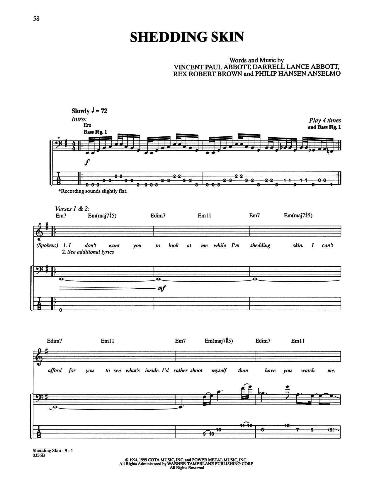 Pantera Shedding Skin sheet music notes and chords arranged for Bass Guitar Tab
