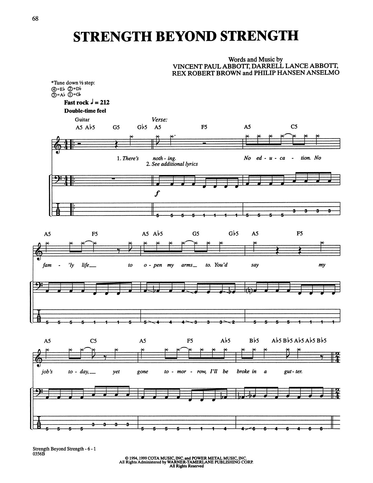 Pantera Strength Beyond Strength sheet music notes and chords arranged for Bass Guitar Tab