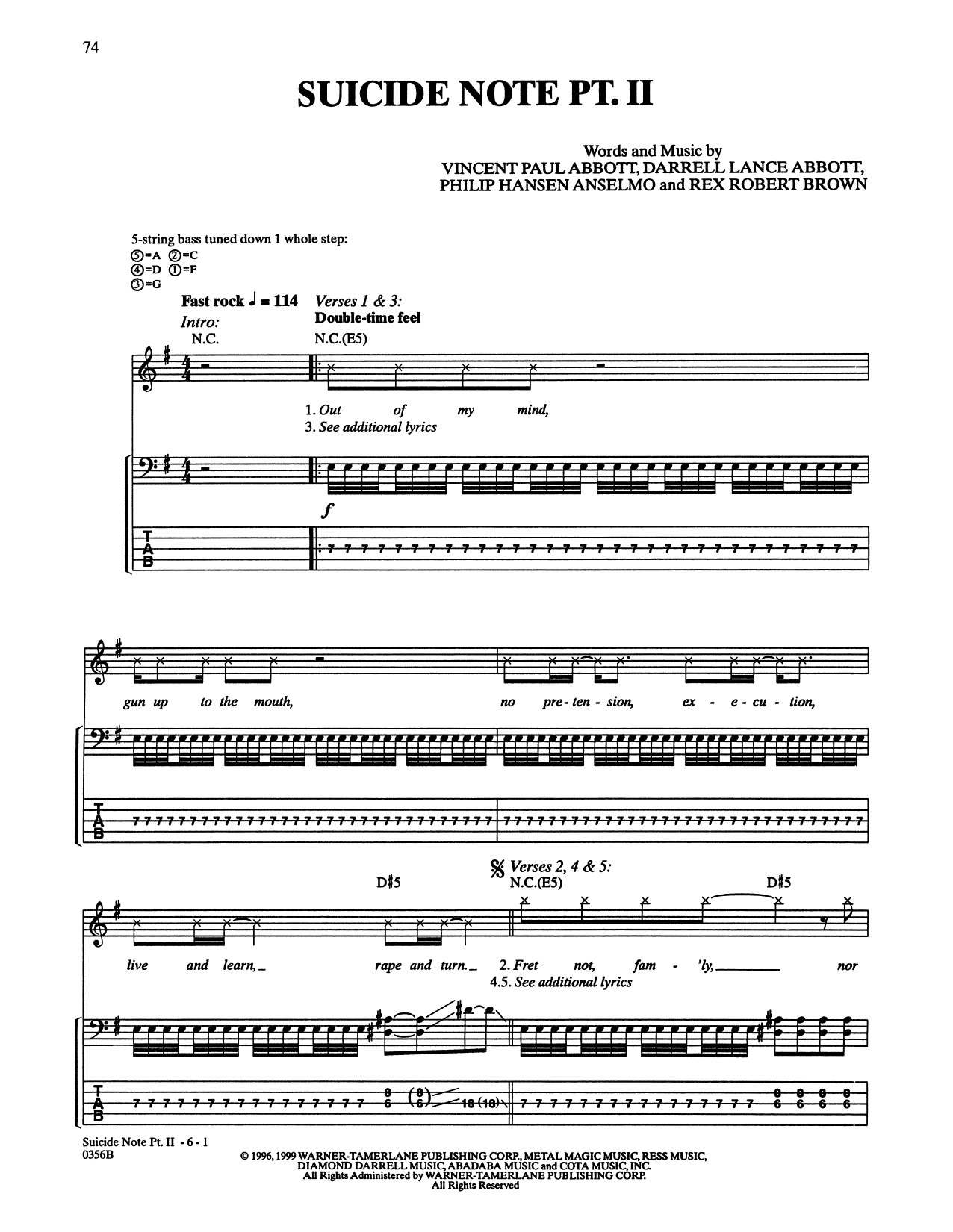 Pantera Suicide Note Pt. II sheet music notes and chords arranged for Bass Guitar Tab