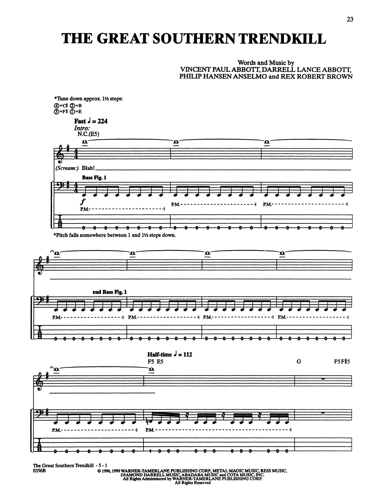 Pantera The Great Southern Trendkill sheet music notes and chords arranged for Bass Guitar Tab