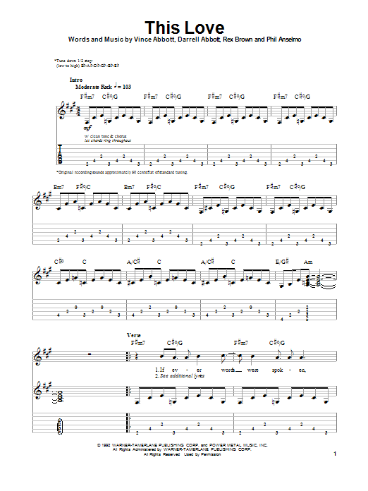 Pantera This Love sheet music notes and chords arranged for Bass Guitar Tab