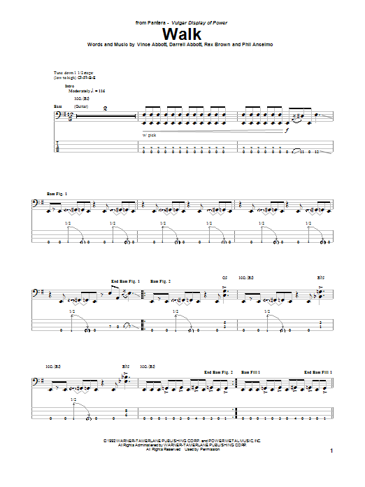 Pantera Walk sheet music notes and chords arranged for Bass Guitar Tab