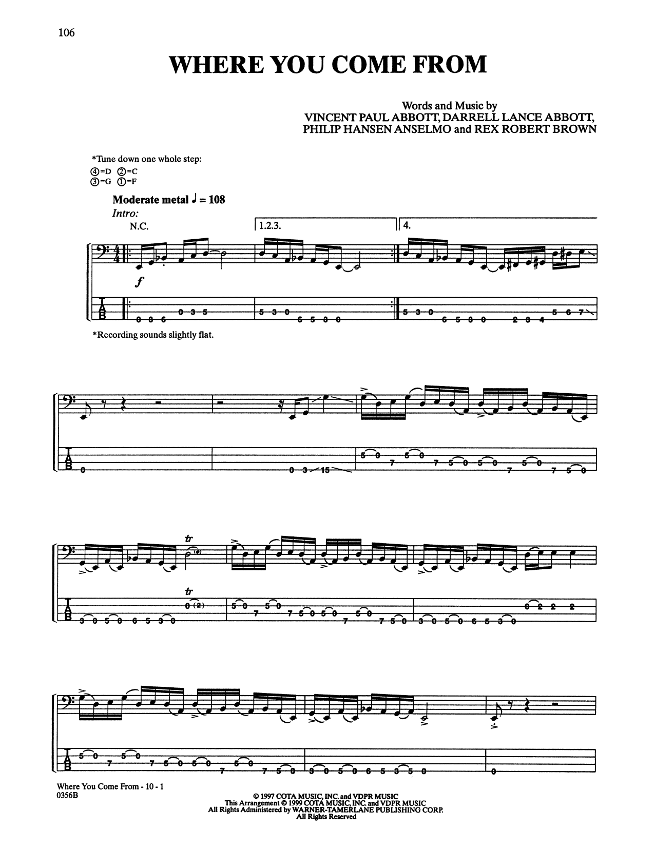 Pantera Where You Come From sheet music notes and chords arranged for Bass Guitar Tab