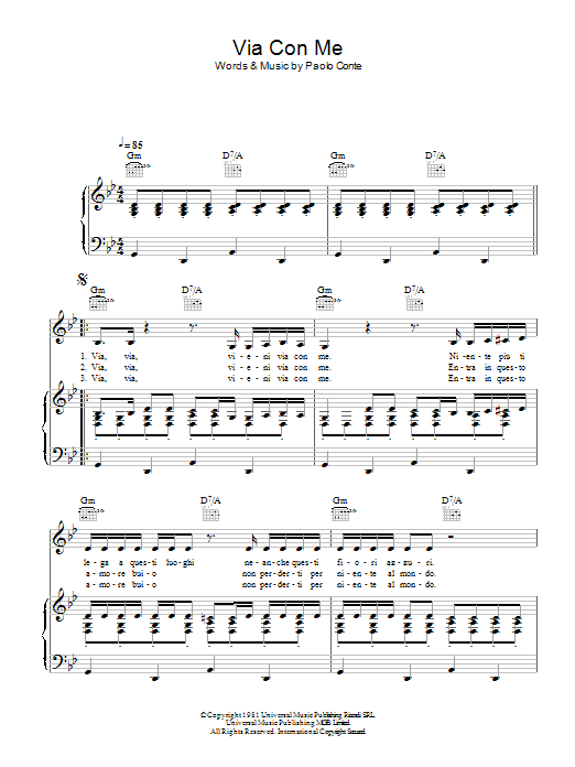 Paolo Conte Via Con Me sheet music notes and chords arranged for Piano, Vocal & Guitar Chords