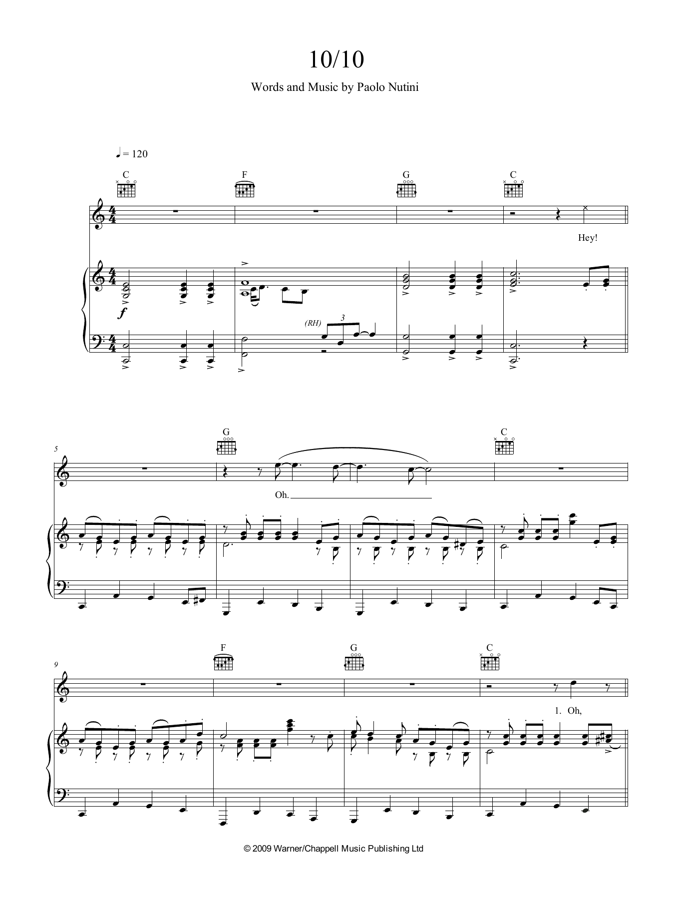 Paolo Nutini 10 Out Of 10 sheet music notes and chords arranged for Piano, Vocal & Guitar Chords (Right-Hand Melody)
