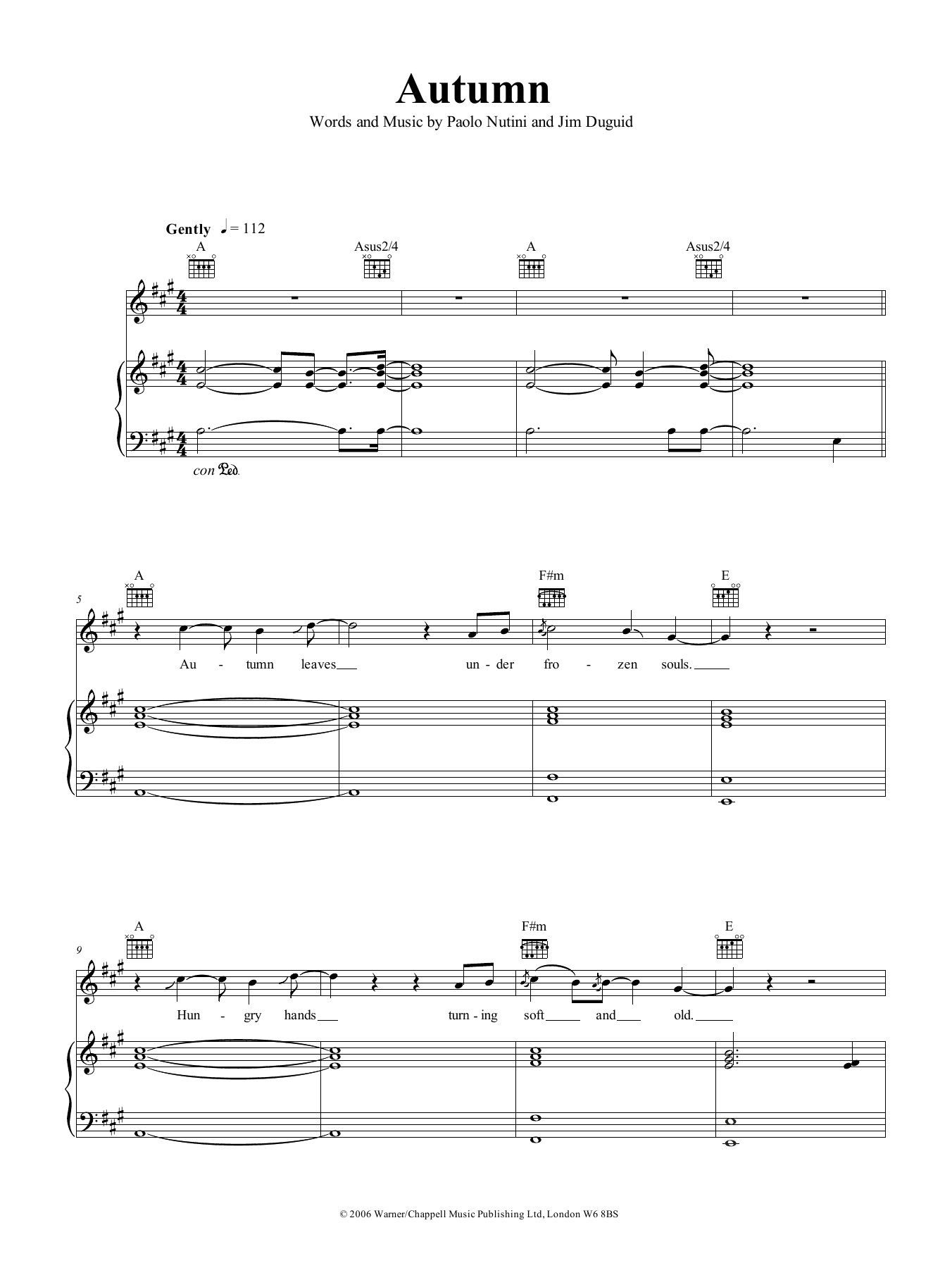 Paolo Nutini Autumn sheet music notes and chords arranged for Piano, Vocal & Guitar Chords (Right-Hand Melody)