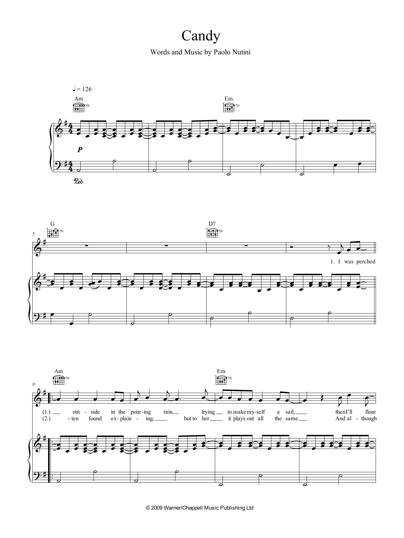 Paolo Nutini Candy sheet music notes and chords arranged for Piano, Vocal & Guitar Chords (Right-Hand Melody)