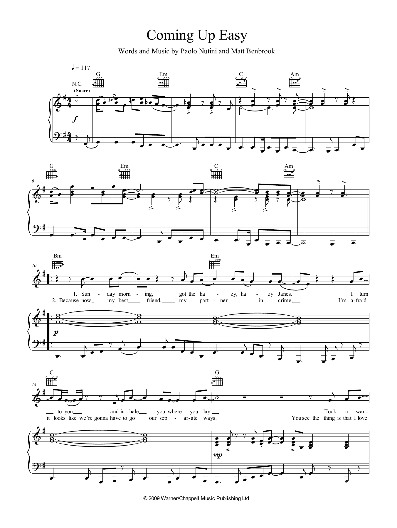 Paolo Nutini Coming Up Easy sheet music notes and chords arranged for Piano, Vocal & Guitar Chords (Right-Hand Melody)