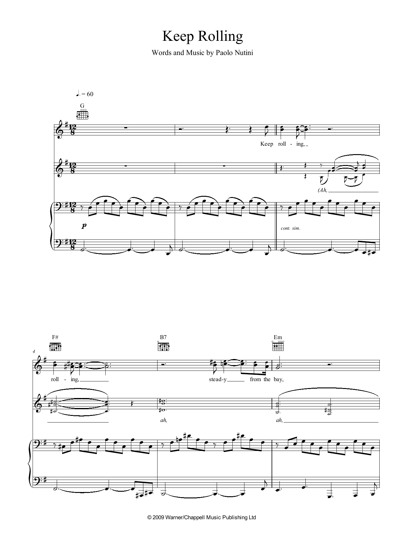 Paolo Nutini Keep Rolling sheet music notes and chords arranged for Piano, Vocal & Guitar Chords (Right-Hand Melody)