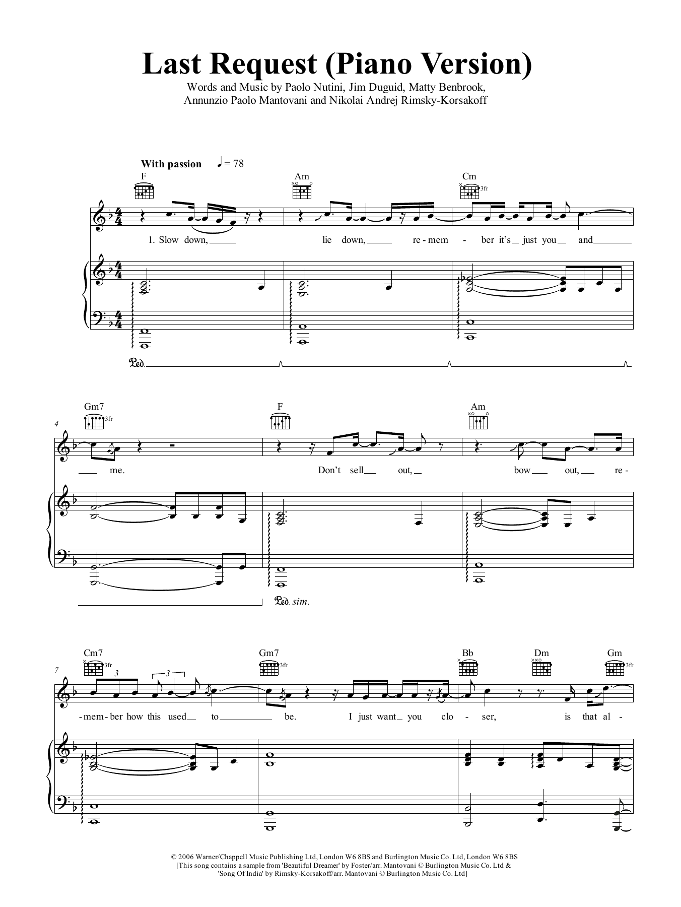 Paolo Nutini Last Request (piano version) sheet music notes and chords arranged for Piano, Vocal & Guitar Chords (Right-Hand Melody)