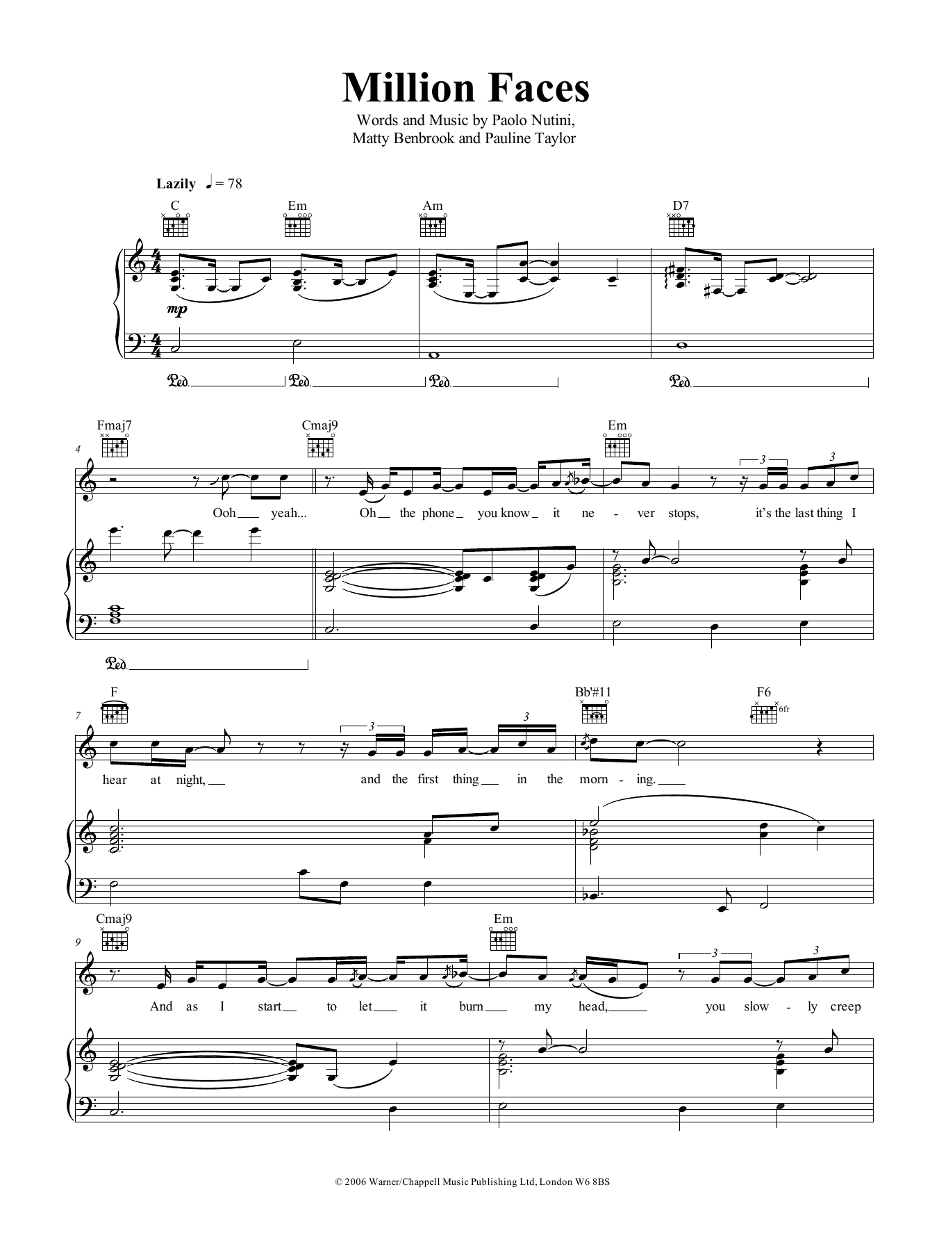 Paolo Nutini Million Faces sheet music notes and chords arranged for Piano, Vocal & Guitar Chords (Right-Hand Melody)