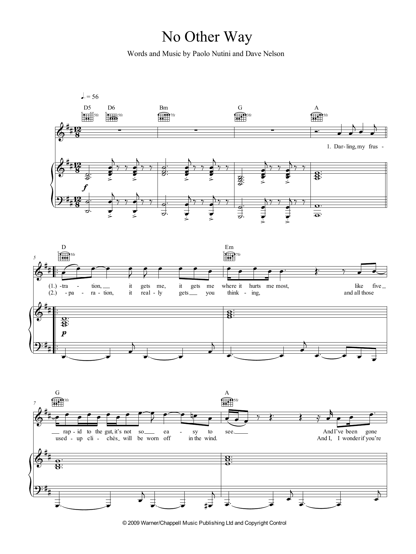 Paolo Nutini No Other Way sheet music notes and chords arranged for Piano, Vocal & Guitar Chords (Right-Hand Melody)