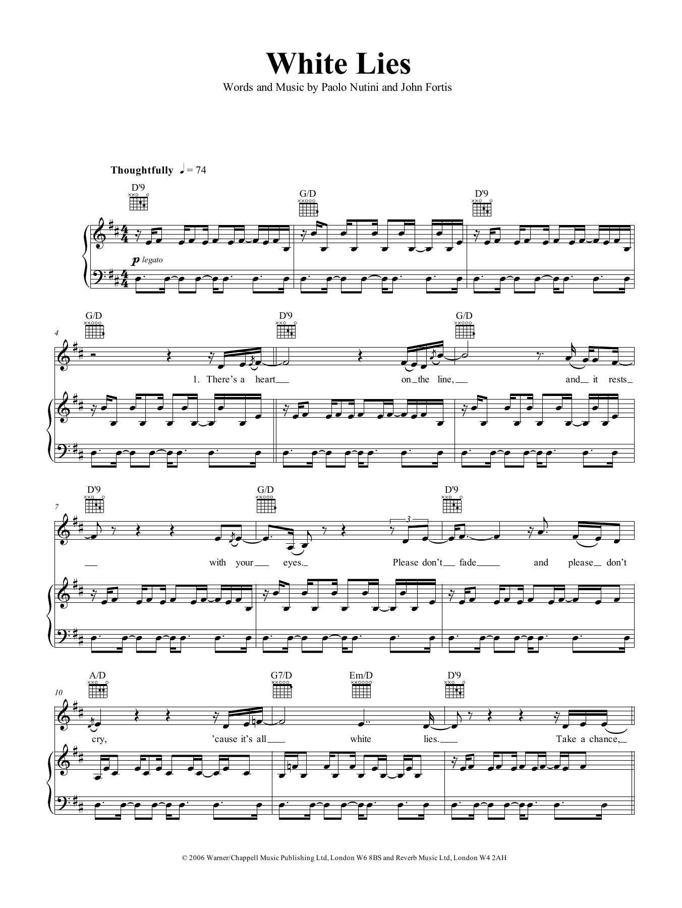 Paolo Nutini White Lies sheet music notes and chords arranged for Piano, Vocal & Guitar Chords (Right-Hand Melody)