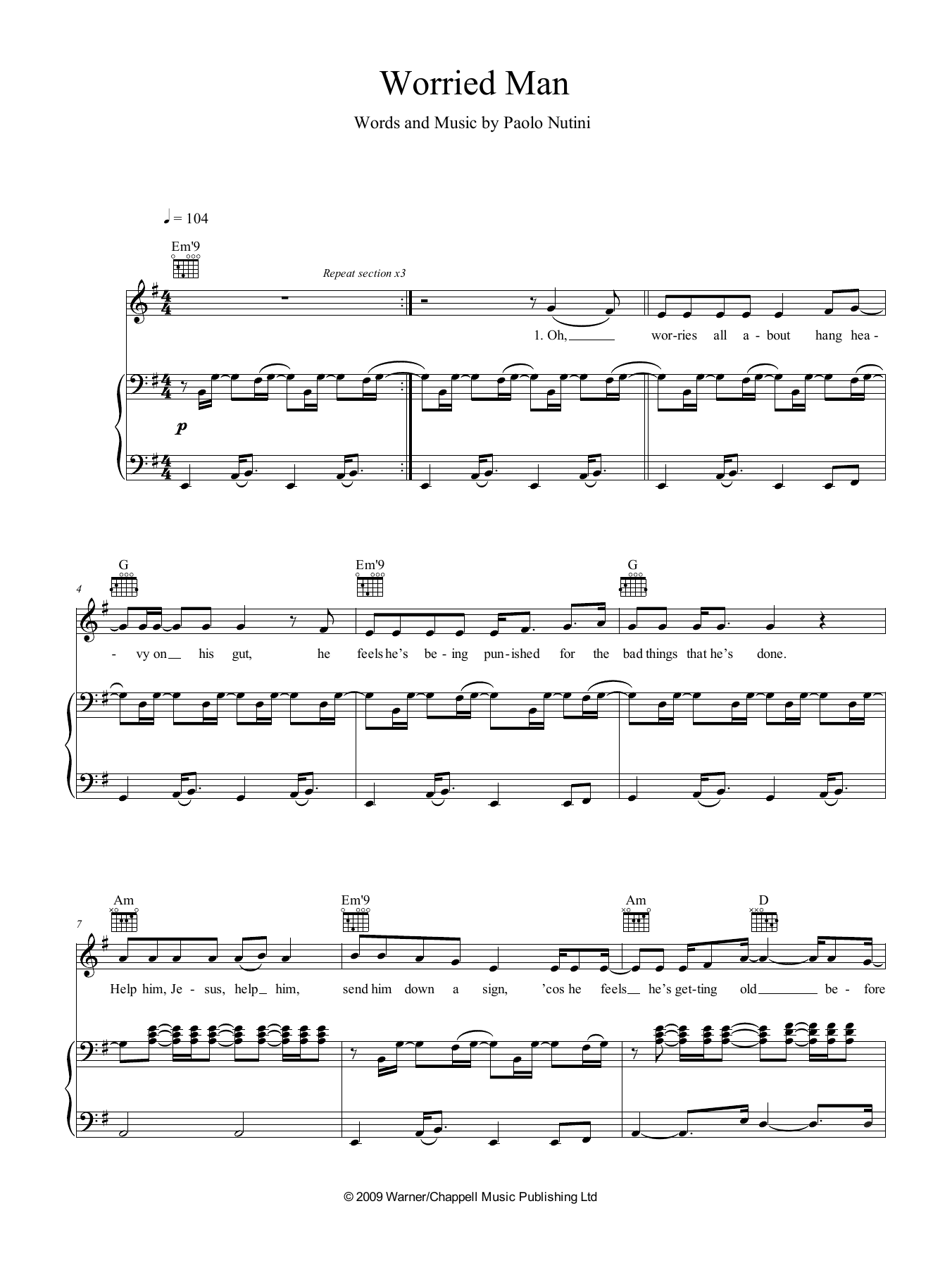 Paolo Nutini Worried Man sheet music notes and chords arranged for Piano, Vocal & Guitar Chords (Right-Hand Melody)