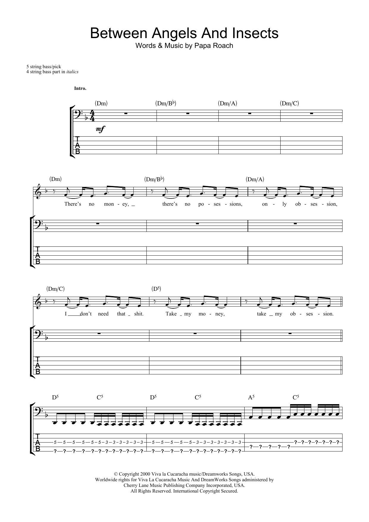 Papa Roach Between Angels And Insects sheet music notes and chords arranged for Bass Guitar Tab