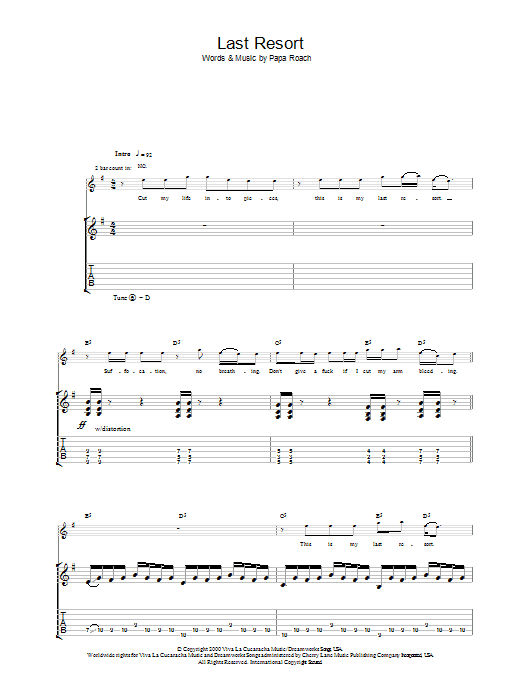 Papa Roach Last Resort sheet music notes and chords arranged for Lead Sheet / Fake Book
