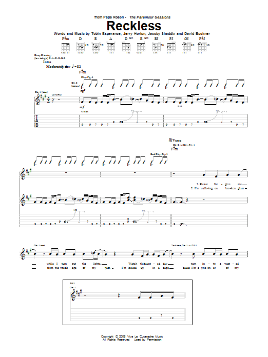 Papa Roach Reckless sheet music notes and chords arranged for Guitar Tab