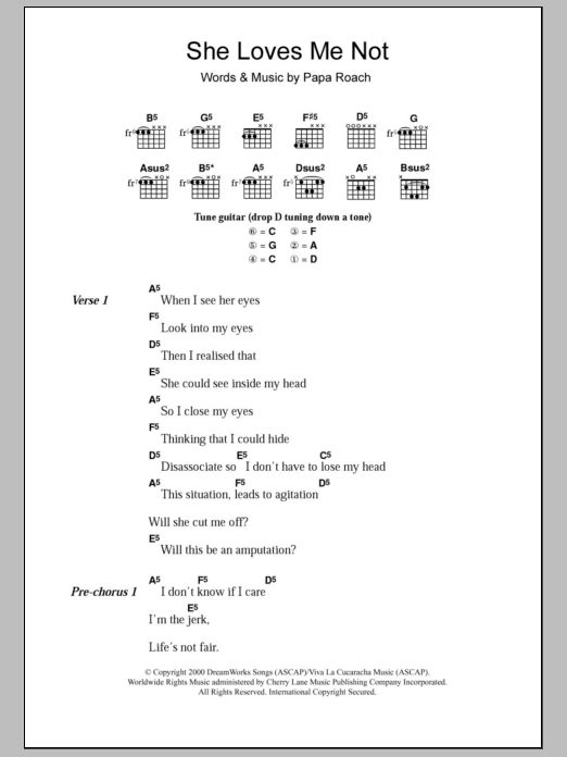 Papa Roach She Loves Me Not sheet music notes and chords arranged for Guitar Chords/Lyrics
