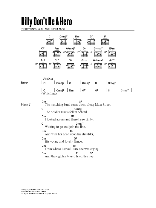 Paper Lace Billy, Don't Be A Hero sheet music notes and chords arranged for Guitar Chords/Lyrics