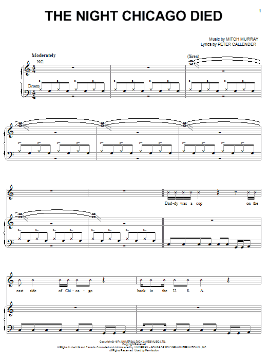 Paper Lace The Night Chicago Died sheet music notes and chords arranged for Piano, Vocal & Guitar Chords (Right-Hand Melody)