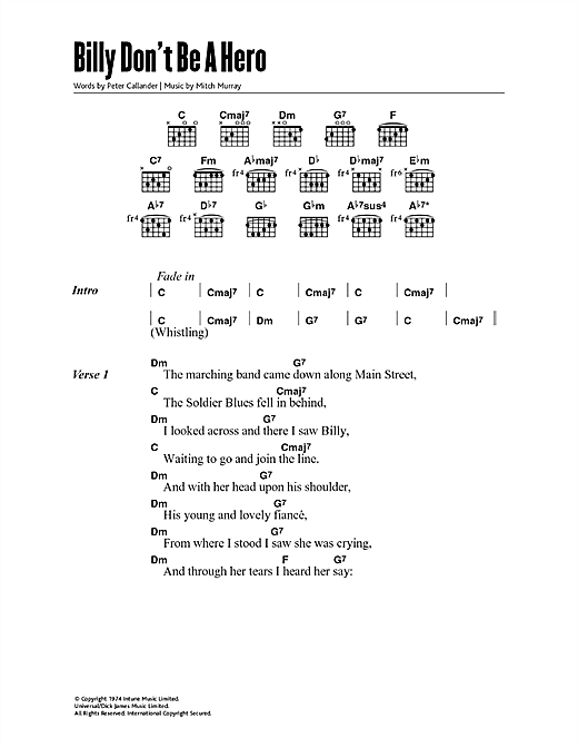 Paper Lace Billy, Don't Be A Hero sheet music notes and chords arranged for Guitar Chords/Lyrics