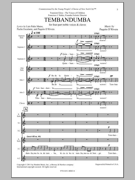 Paquito D'Rivera Tembandumba sheet music notes and chords arranged for SSA Choir