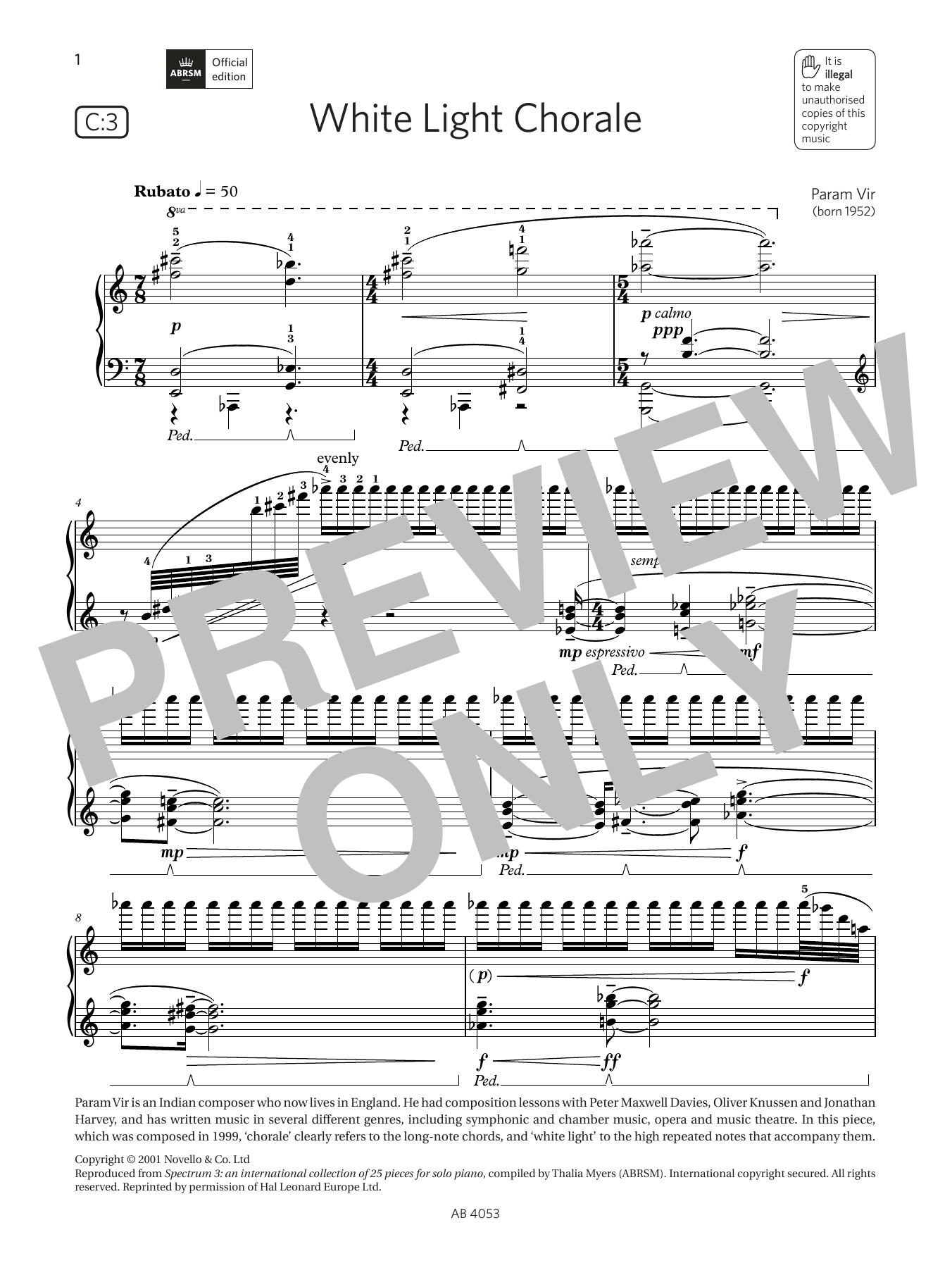 Param Vir White Light Chorale (Grade 7, list C3, from the ABRSM Piano Syllabus 2023 & 2024) sheet music notes and chords arranged for Piano Solo