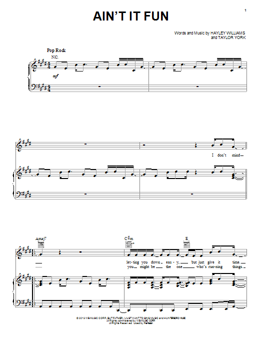 Paramore Ain't It Fun sheet music notes and chords arranged for Piano, Vocal & Guitar Chords (Right-Hand Melody)