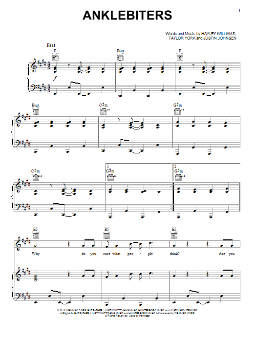 Paramore Anklebiters sheet music notes and chords arranged for Piano, Vocal & Guitar Chords (Right-Hand Melody)