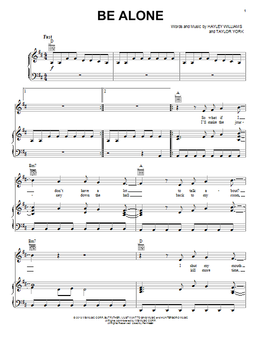 Paramore Be Alone sheet music notes and chords arranged for Piano, Vocal & Guitar Chords (Right-Hand Melody)
