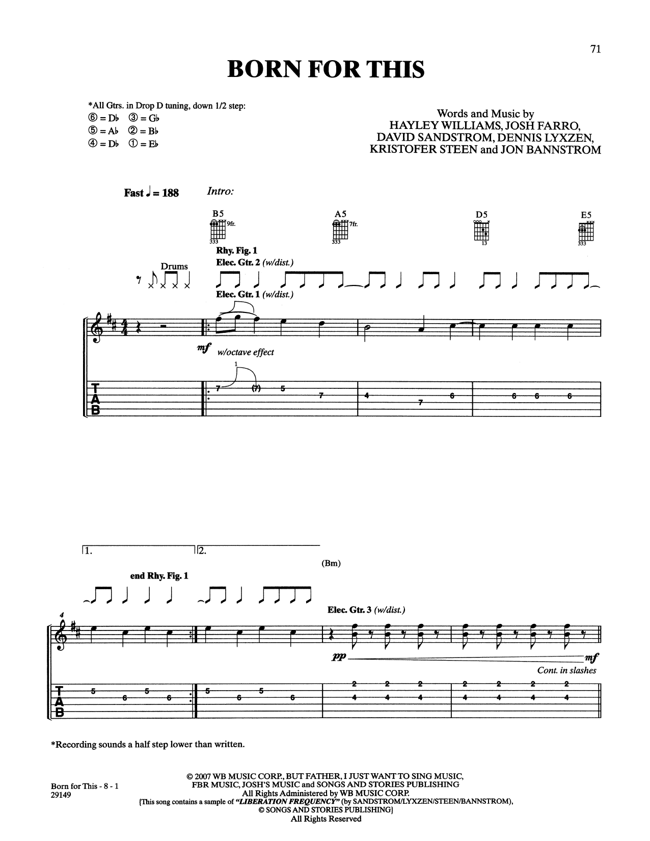 Paramore Born For This sheet music notes and chords arranged for Guitar Tab