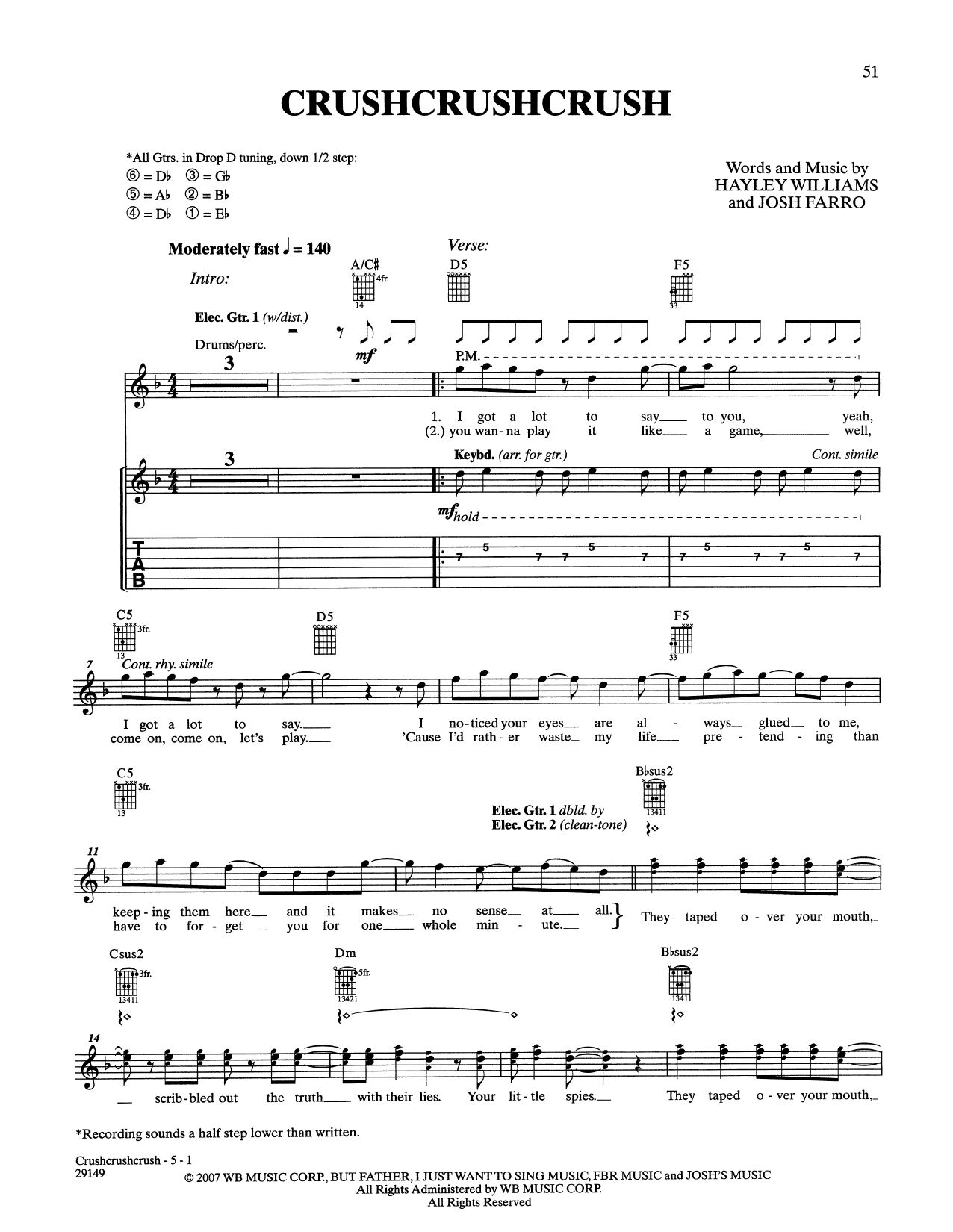 Paramore CrushCrushCrush sheet music notes and chords arranged for Guitar Tab