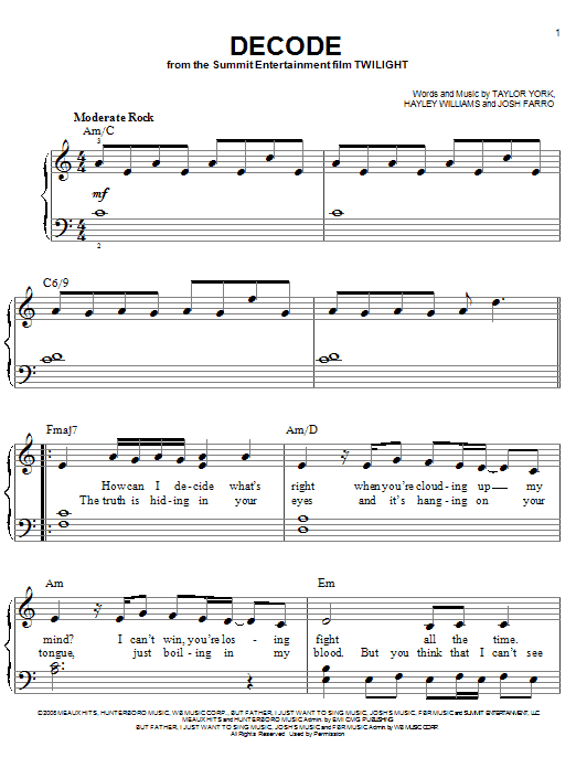 Paramore Decode sheet music notes and chords arranged for Piano Duet