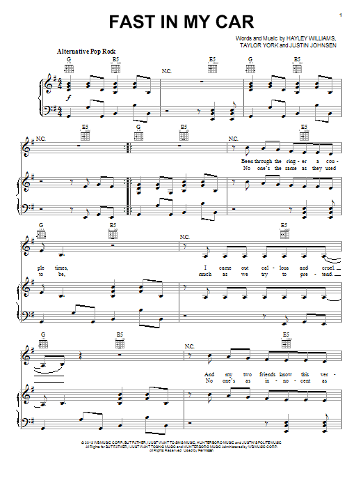 Paramore Fast In My Car sheet music notes and chords arranged for Piano, Vocal & Guitar Chords (Right-Hand Melody)