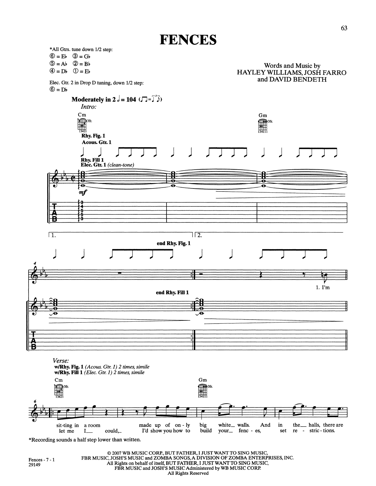 Paramore Fences sheet music notes and chords arranged for Guitar Tab